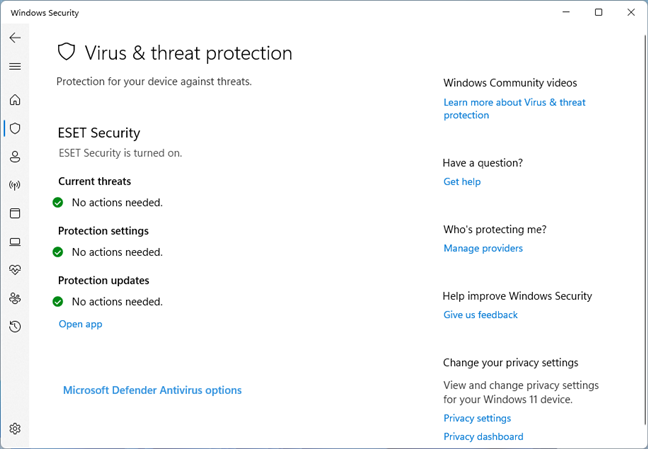 Securitate Windows oferind detalii despre starea ESET Security