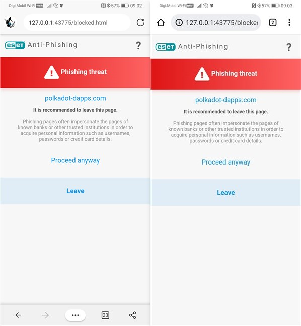 ESET Mobile Security blocând o pagină web de phishing