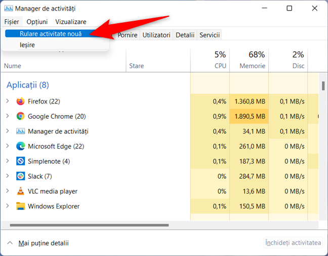 AcceseazÄƒ Rulare activitate nouÄƒ din meniul FiÈ™ier