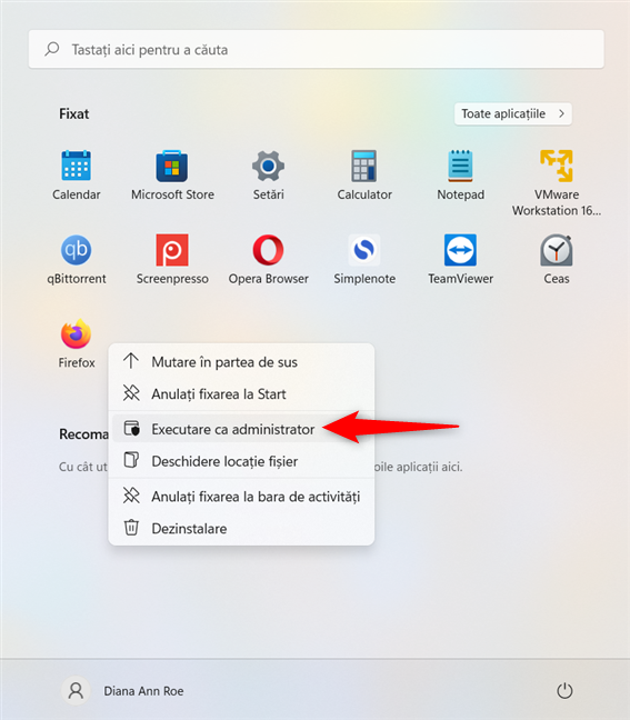 Alege Executare ca administrator din meniul contextual al unei aplicaÈ›ii fixate