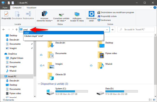 Scrierea unei comenzi Ã®n bara de adresÄƒ din File Explorer