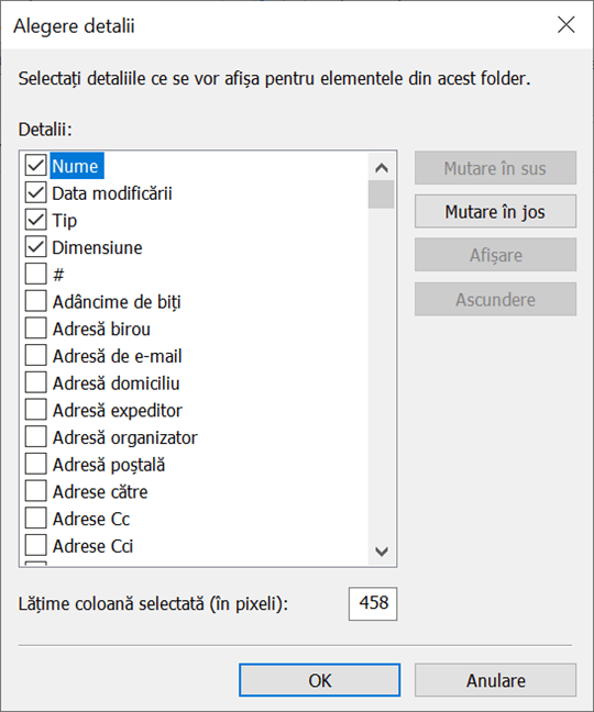 Fereastra Alegere detalii te lasÄƒ sÄƒ adaugi mai multe coloane