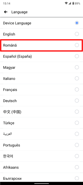 Setările de limbă din aplicația Facebook pentru Android