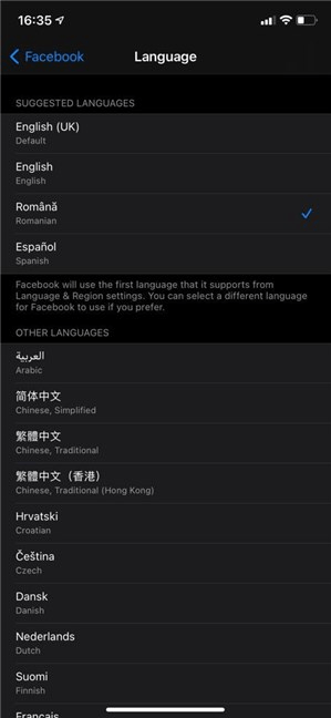 Setările de limbă din Facebook pentru versiunea iOS a aplicației