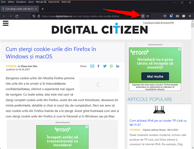 Comută pe modul de lectură în Mozilla Firefox