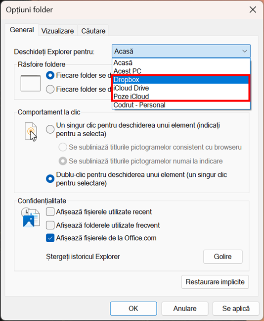Deschide Dropbox sau iCloud implicit Ã®n File Explorer