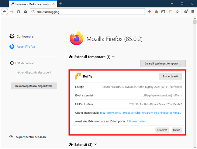 Ruffle a fost instalată în Firefox