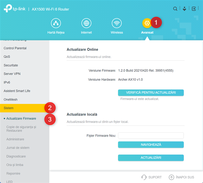 NavigheazÄƒ la Avansat > Sistem > Actualizare Firmware