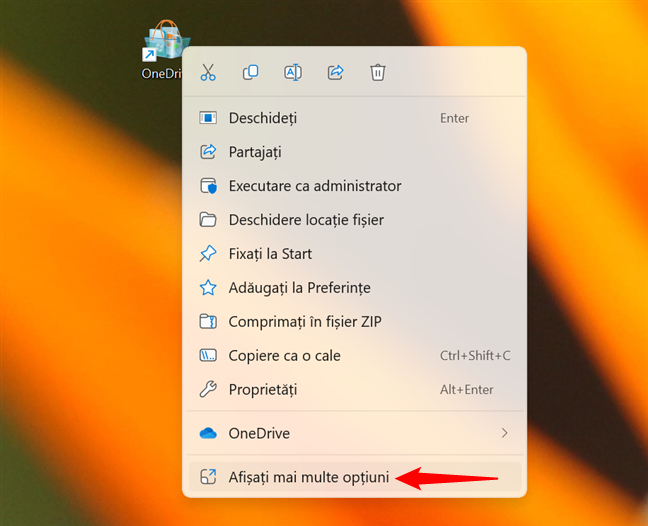 DÄƒ clic dreapta pe scurtÄƒturÄƒ È™i alege AfiÈ™aÈ›i mai multe opÈ›iuni