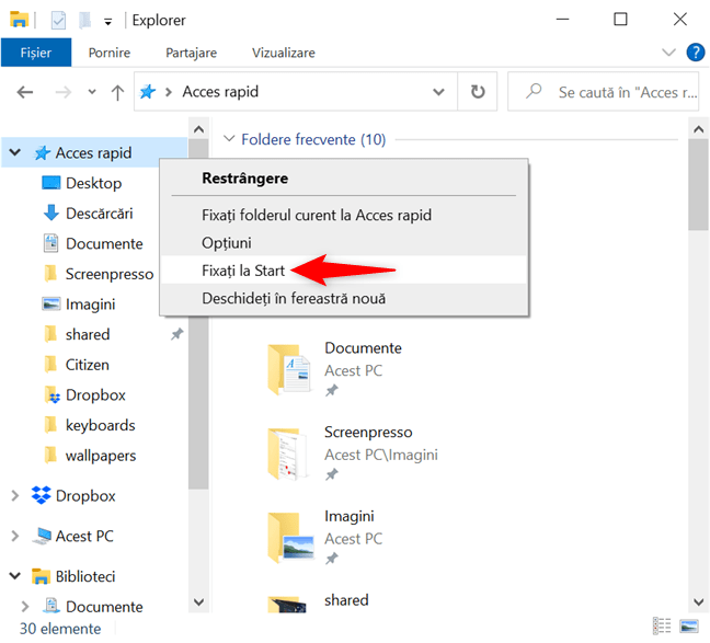 AdaugÄƒ Acces rapid la dalele fixate Ã®n Windows 10