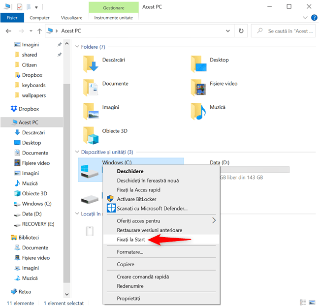 ÃŽn Windows 10, fixeazÄƒ la Meniul Start orice locaÈ›ie din (File) Explorer