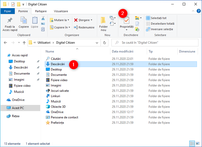 Deschiderea ProprietÄƒÈ›ilor unui folder de utilizator din interfaÈ›a panglicÄƒ a File Explorer