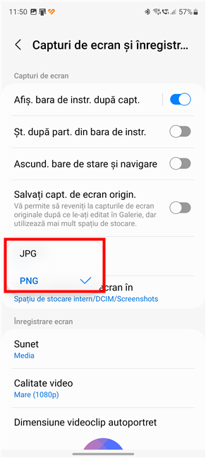 Alege sÄƒ salvezi capturi de ecran ca JPG sau PNG pe Samsung Galaxy