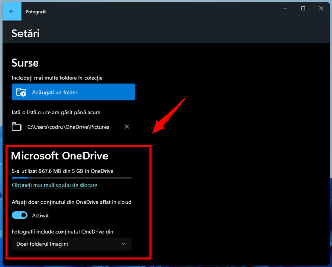 Opțiunile Microsoft OneDrive disponibile în aplicația Setări