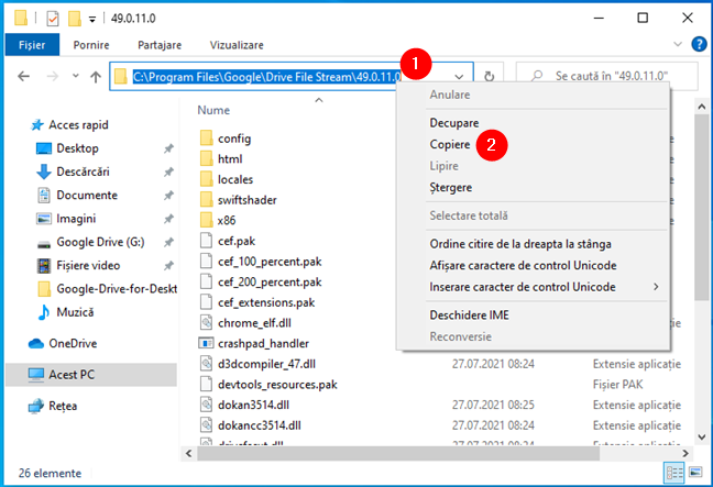 Copierea adresei folderului aplicației Google Drive for desktop