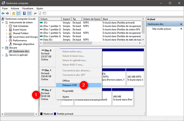 Demontare VHD în Windows 10: Detașare VHD