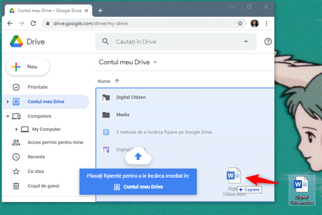 Încărcarea fișierelor în Google Drive folosind tragerea (drag and drop)