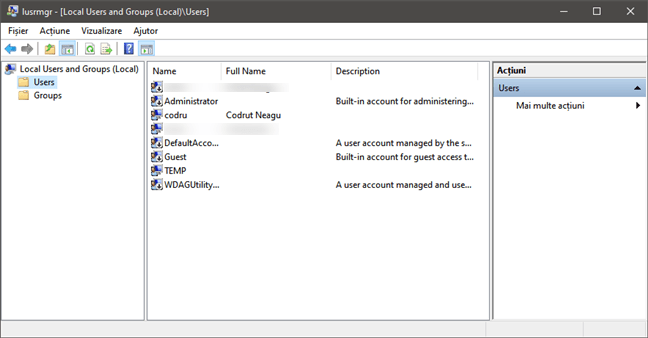 ListÄƒ de utilizatori afiÈ™atÄƒ de lusrmgr.msc
