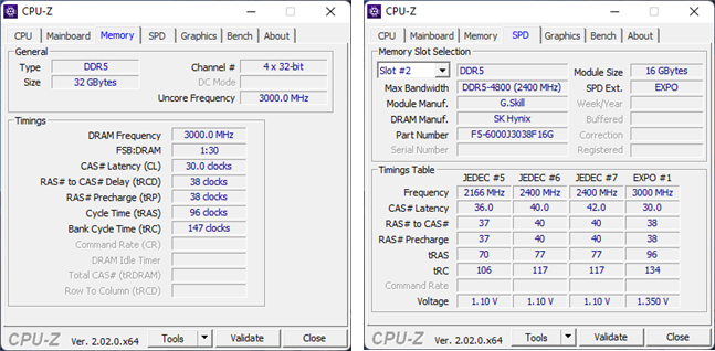 SpecificaÈiile tehnice din CPU-Z despre G.Skill Trident Z5 Neo DDR5-6000 32GB