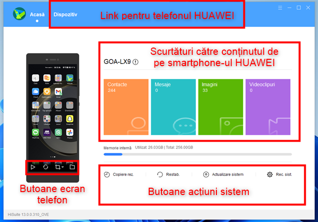 Elementele interfeÈ›ei de utilizator din HUAWEI HiSuite