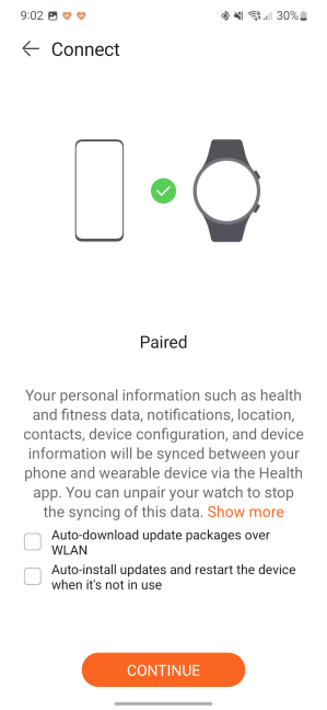 Asocierea ceasului cu Huawei Health
