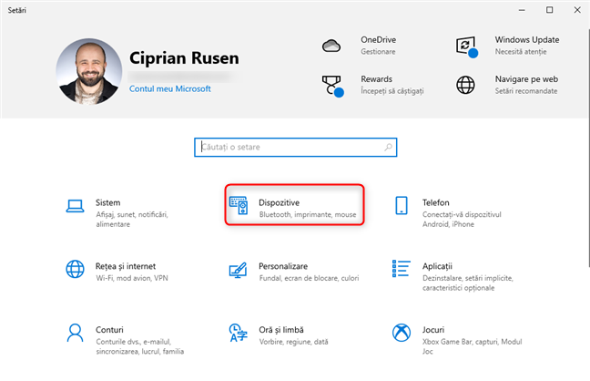 ÃŽn SetÄƒrile din Windows 10, mergi la Dispozitive
