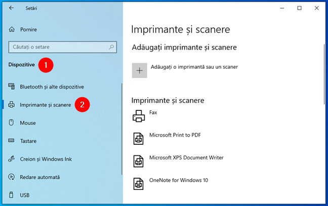 AcceseazÄƒ Dispozitive > Imprimante È™i scanere Ã®n SetÄƒrile din Windows 10