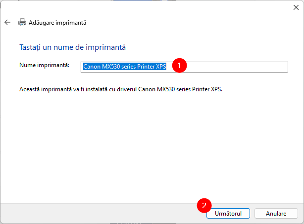 Alegerea unui nume pentru imprimanta adÄƒugatÄƒ manual