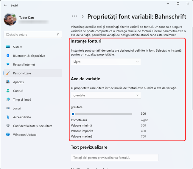 Proprietăți font variabil în Windows 11
