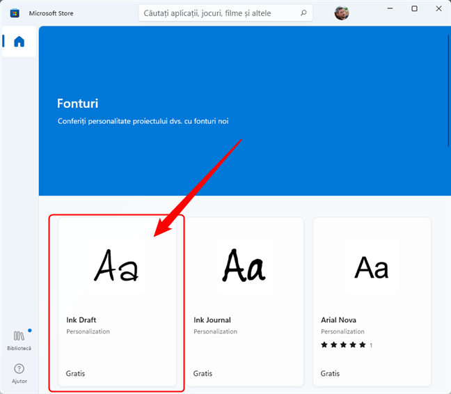 Secțiunea de fonturi din Microsoft Store