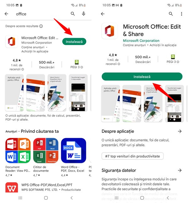 Instalează o aplicație Microsoft Office pe Android