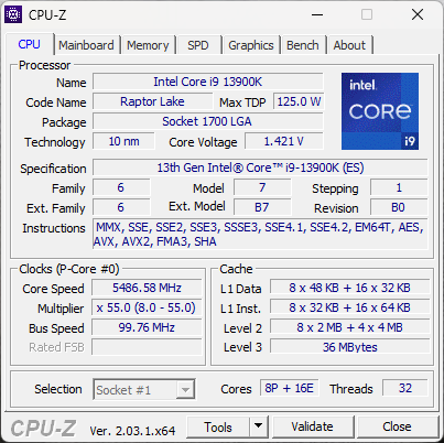 Detalii despre Intel Core i9-13900K afișate de CPU-Z