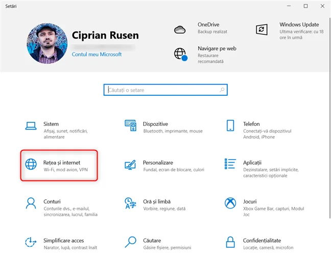 În Setările Windows 10, mergi la Rețea și internet