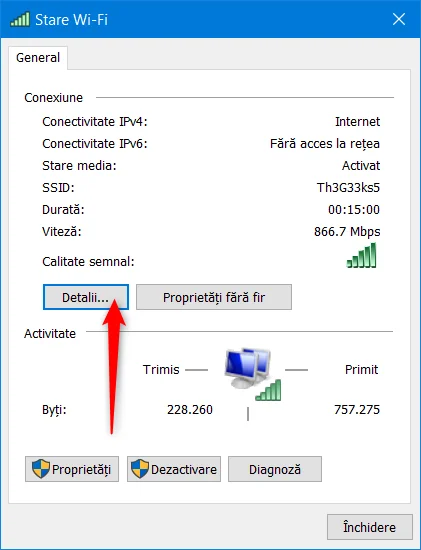 În fereastra Stare Wi-Fi, dă clic pe Detalii