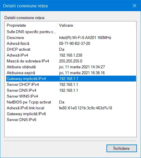 Vezi câmpul Gateway implicită IPv4