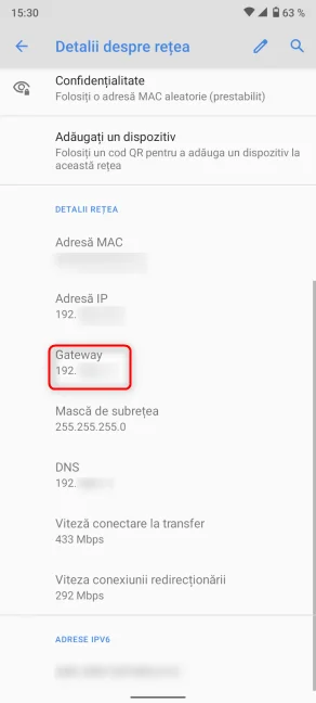 Câmpul Gateway afișează adresa IP a routerului