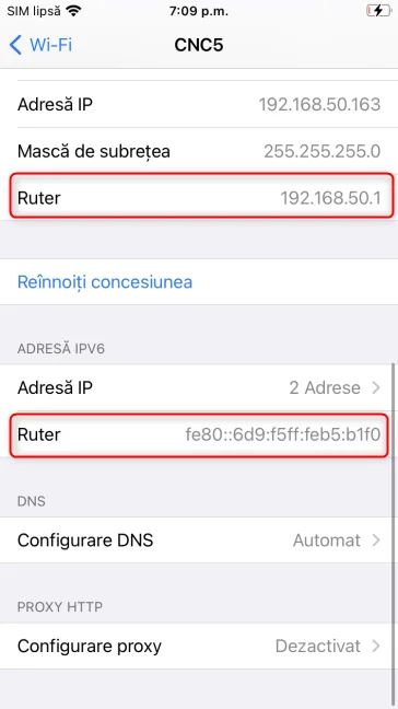 Câmpul Ruter afișează adresa IP a routerului