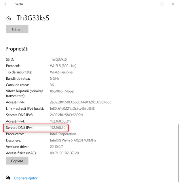 Vezi adresa din cÃ¢mpul Servere DNS IPv4