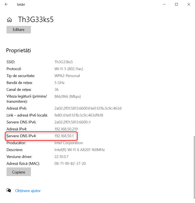 Vezi adresa din cÃ¢mpul Servere DNS IPv4