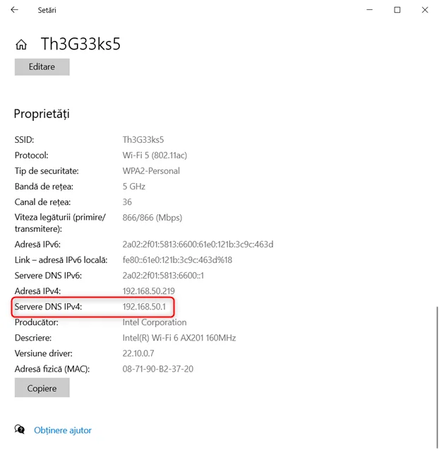 Vezi adresa din câmpul Servere DNS IPv4