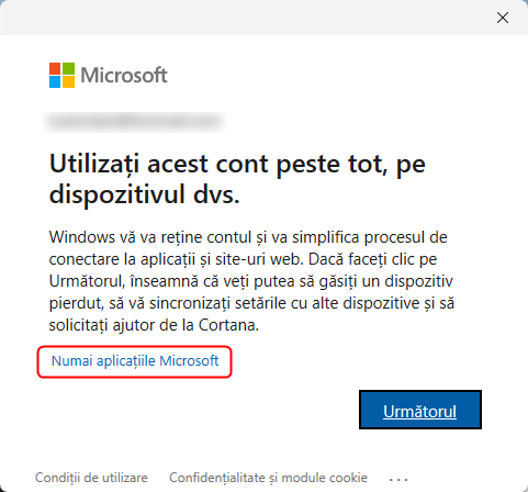 FoloseÈ™te-È›i contul Microsoft doar pentru aplicaÈ›ii