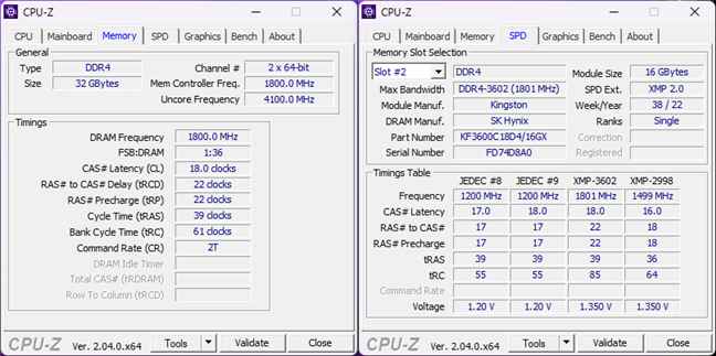 Specificații și timinguri afișate de CPU-Z