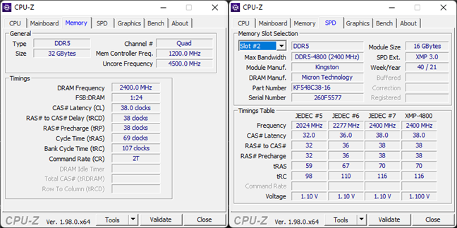 Detalii despre Kingston FURY Beast DDR5-4800 32GB afiÈ™ate de CPU-Z