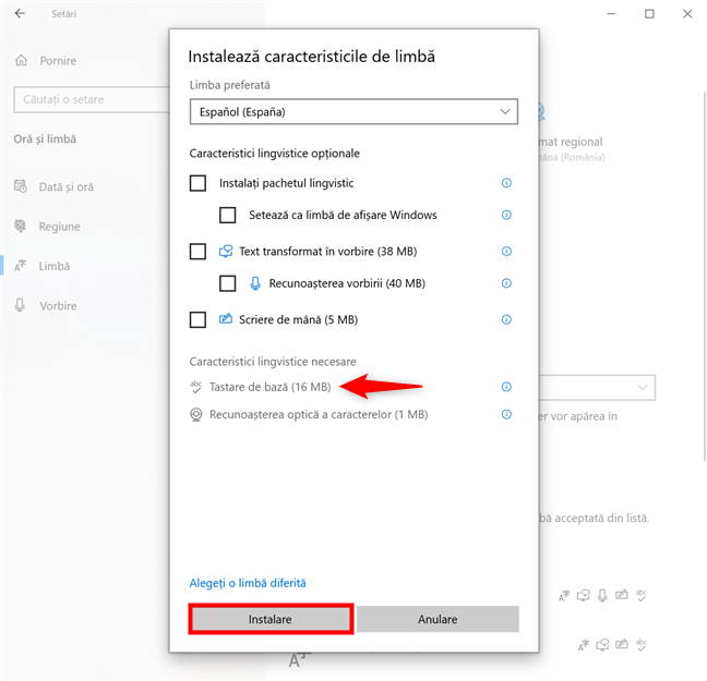 În Windows 10, adaugă o limbă de tastatură instalând Tastare de bază