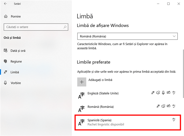 ÃŽn Windows 10, limba pentru tastaturÄƒ este afiÈ™atÄƒ Ã®n Limbile preferate