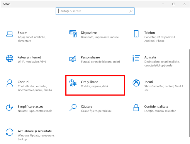 ÃŽn SetÄƒrile din Windows 10 , acceseazÄƒ OrÄƒ È™i limbÄƒ