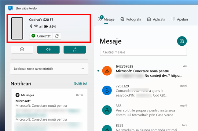 SecÈiunea despre starea smartphone-ului cu Android în aplicaÈia Link cÄtre telefon din Windows
