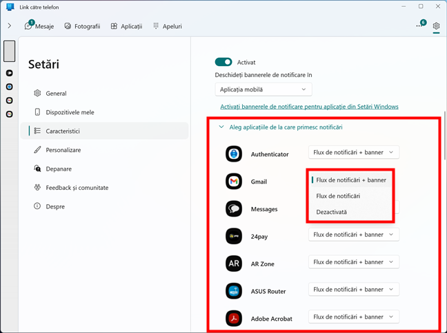 AlegeÈ›i aplicaÈ›iile [Android] de la care primeÈ™ti notificÄƒri Ã®n aplicaÈ›ia Link cÄƒtre telefon din Windows