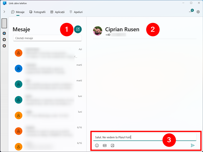 Mesaje text în aplicaÈia Link cÄtre telefon din Windows