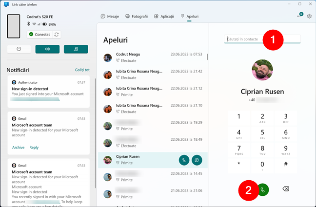 Formarea unui numÄr de telefon din Link cÄtre telefon în Windows